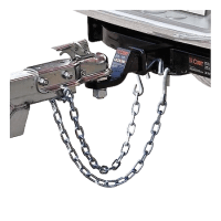Trailer hitch with safety chains attached.