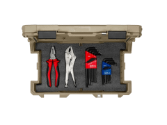 Tool set in a tan case with pliers and wrenches.