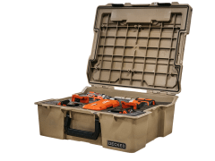 Tan storage case with power tools and 'DECKED' logo.