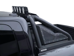 A black pickup truck roof accessory featuring multiple LED light bars and a textured V-shaped frame with mesh.