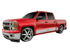 A bright red Chevrolet Silverado pickup truck with large silver alloy wheels parked on a white background.