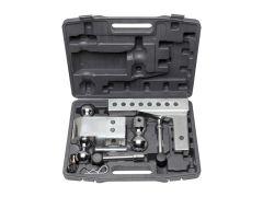 A gray tool kit case containing various trailer hitch components including shiny chrome hitch balls and a flat mounting plate, neatly arranged in molded compartments.