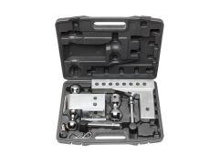 A black toolbox partially open, displaying chrome hitch balls, a hitch adapter, and securing pin inside.