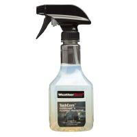 Clear spray bottle of WeatherTech TechCare floor liner and floor mat protector, filled with pale blue liquid, shown against a white background.