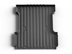 A black car floor mat with horizontal ridges and raised edges, designed for vehicle footwells. The mat features the brand name "WeatherTech" embossed on it.