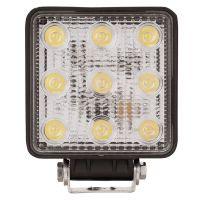Square LED flood light with twelve yellow-centered bulbs, housed in a black frame and clear textured lens.