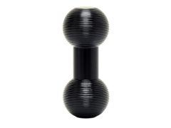 A sleek black dumbbell with striped, bulbous ends and a narrow center grip, standing upright against a white background.