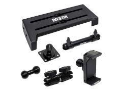 A collection of black Westin mounting accessories, including a flat base plate with slots, adjustable clamps, and ball mounts, arranged to show their interconnectivity.