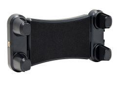 Black phone holder with curved padded grip and adjustable rubber clamps on either end.