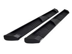 Two black vehicle running boards with textured surfaces and tapered ends.