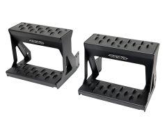 A pair of black metal vehicle step stools with textured surfaces for grip, featuring the brand name "WESTIN" on the front.