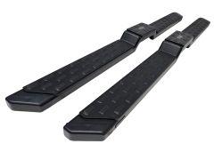 The image depicts two black, enlongated, rectangular running boards designed for vehicles. Each board has a textured surface with raised rectangular patterns for grip. The boards are symmetrical and feature angled ends. Near the middle of each board is a
