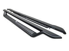 Two black metal vehicle running boards with diagonal anti-slip slits and a sleek, contoured design.