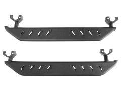 Two black metal running boards with diagonal cutouts and U-shaped mounting brackets.