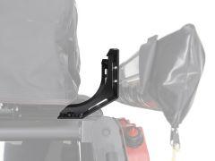 A black mounting bracket for vehicles, displayed alongside a blurred tarp and a red fuel canister.