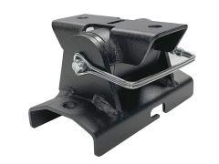 A black metal quick release bracket with a cylindrical top and mounted pin, set on a flat base with two holes for installation.