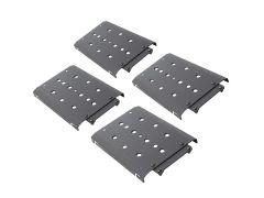 Four gray metal plates with circular holes, arranged in a grid formation, featuring rounded corners and side attachments.