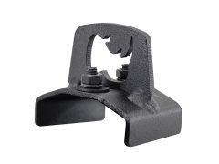A black metallic accessory with a rhino-shaped cutout and two securing nuts on top, designed for heavy-duty use.