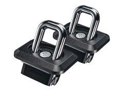 A pair of retractable stainless steel truck bed tie-down anchors for secure cargo tie-downs with stake pocket installation.