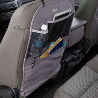 Car seat back organizer with storage pockets.