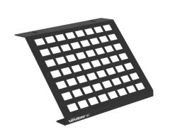 Black mounting plate with a grid of square openings, slanted for stability.