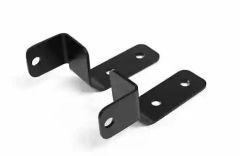 A pair of black metal L-shaped brackets with circular holes for mounting, positioned on a white background.