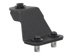 Black metallic mounting bracket with an angular design, featuring two top screws and two silver standoffs.