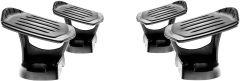 Four black kayak saddles arranged in two pairs on a white background, showcasing a slatted design on a flat platform.