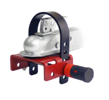 Red and black metal hitch tightener with silver coupler.