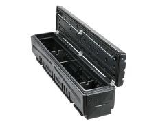 Black plastic storage box with open lid.
