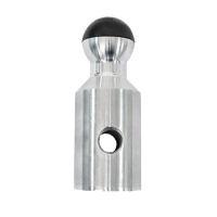 Shiny metal hitch ball mount with black top and hole.
