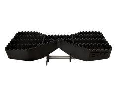 Black metal hitch step with serrated edge.