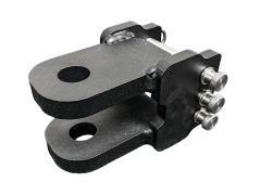 Black metal clamp with silver bolts and holes.