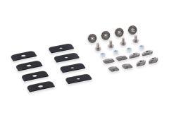 Ten black metal plates and stainless steel fasteners, including round washers, screws, nut and rectangular clips. Laid out neatly on a white background.