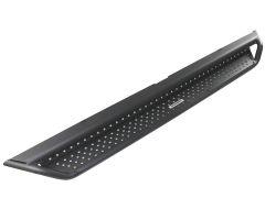 A black metal step or running board with curved edges and evenly spaced circular holes for grip, featuring a small branding label.