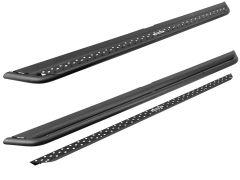 Three black metal vehicle components, including two larger running boards with circular holes and a narrower strip below.
