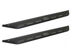 Two black vehicle running boards with perforated surfaces, positioned parallel, showcasing a sleek design