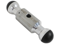 Shiny trailer hitch with black rubber ends.