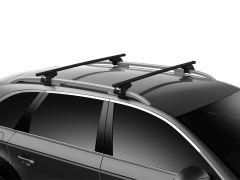 A vehicle roof rack featuring two silver longitudinal bars mounted on black supports.