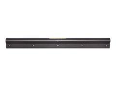 A black metal mounting rail with multiple drilled holes for installation, displayed against a white background.