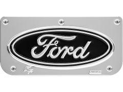 Chrome mud flap plate frame with the Ford logo in bold script on a black oval background. Silver bolts at corners provide a sleek, polished finish.