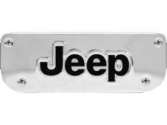 Chrome Jeep logo on a rectangular metal plate with rounded edges. The bold black "Jeep" lettering contrasts with the shiny silver surface.