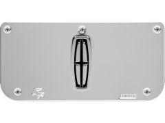 Silver license plate frame with a black cross emblem in the center. Rounded corners and four screws secure the frame.