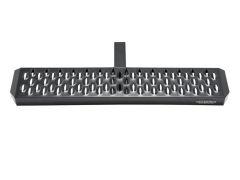 Black metal step board with oval cut-out holes for traction, a rectangular mounting bracket, and beveled edges.