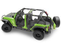 Lime green Jeep with no doors, a roll cage, and off-road tires, viewed from above.