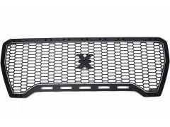 A black metal automotive grille with a honeycomb pattern and an "X" logo in the center.