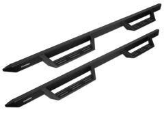 A pair of black vehicle side steps with a perforated surface for traction.