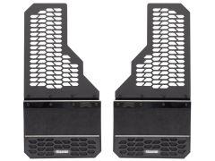 A pair of black vehicle mud flaps featuring a mesh top with hexagonal cutouts and a textured solid lower section. Each flap includes a shiny black mounting plate and displays the brand "MUDSKINS."