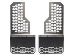 A pair of modern stainless steel vehicle mud flaps with a honeycomb pattern and textured black bases.