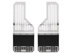 A pair of vehicle mud flaps with a polished silver metal honeycomb design above a solid black rubber section, featuring a metal plate at the bottom.
